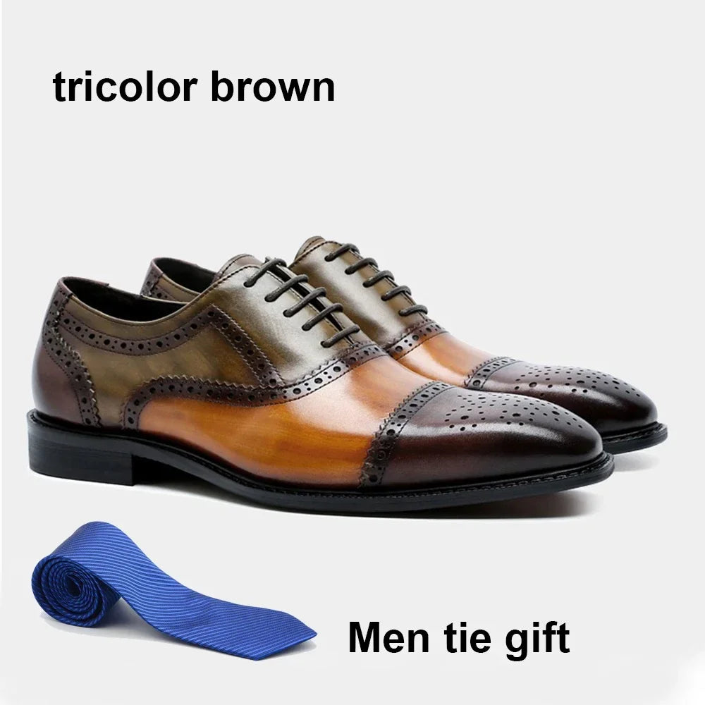 Color Block Genuine Leather Mens Formal Oxford Shoes Cap Toe Lace Up Brogue Business Party Elegant Gentleman Dress Shoes for Men