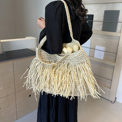 Casual Tassel Woven Women Shoulder Bags Handmade Fringe Lady Handbags Summer Beach Large Tote Bag Shopper Purse for Vacation