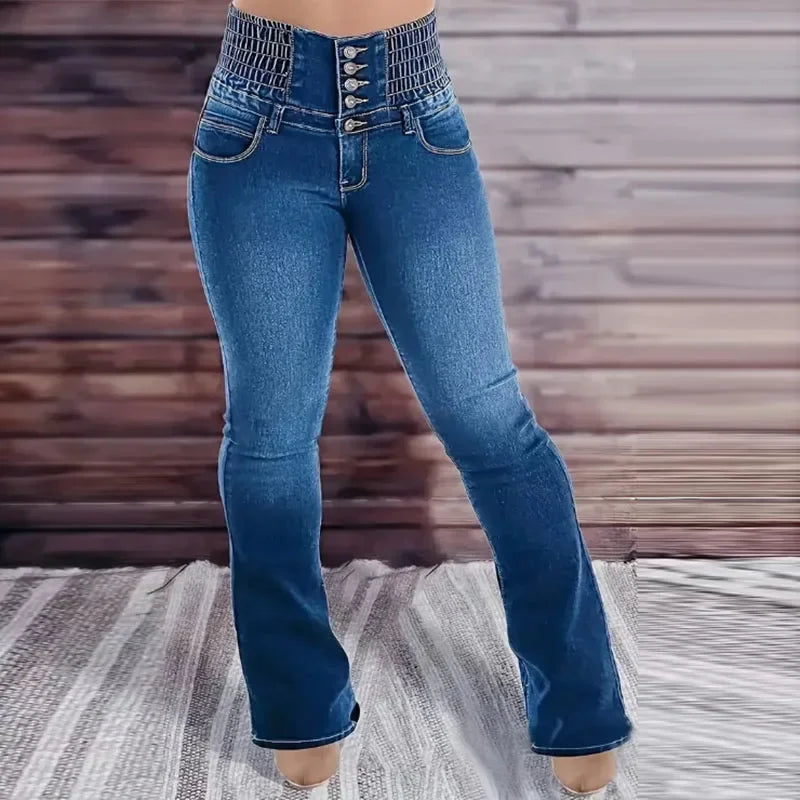 Jeans Womens High Waist Elastic Buttons Denim Long Flare Pants