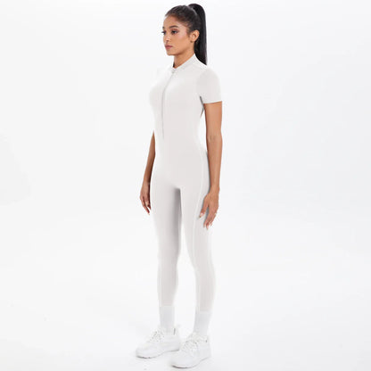Short Sleeved Fitness Jumpsuit for Woman Bodysuits Backless Solid Color Scrunch One-Piece Suit Half Zipper Gym Yoga Sets Womens