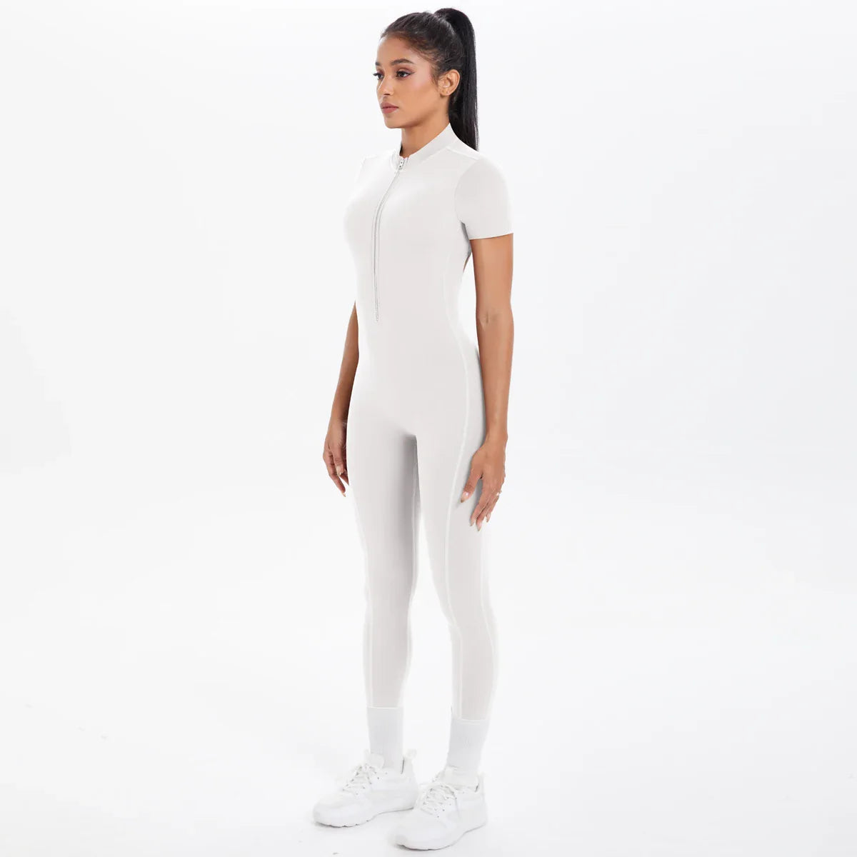 Short Sleeved Fitness Jumpsuit for Woman Bodysuits Backless Solid Color Scrunch One-Piece Suit Half Zipper Gym Yoga Sets Womens