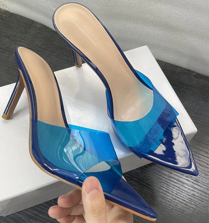 Novas Sandálias Femininas de Salto Alto de Verão Simples Transparentes de Salto Alto, Chinelos de Salto Agulha, Bico Fino, Aberto na Frente, Mules