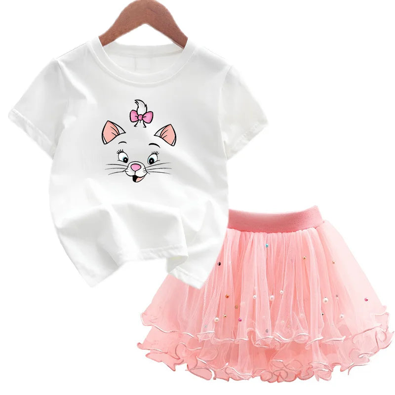 The Aristocats Marie Cat 2Pcs/Set Girl Dress Kid Birthday Clothes Party Princess Dress T-shirt+Tutu Skirt Summer Christmas Gift