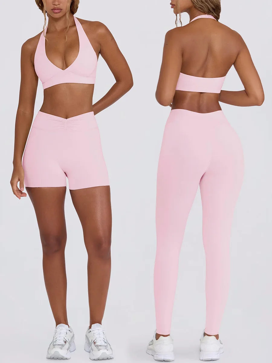 Women's Yoga Suits Quick Drying Leggings Gym Shorts Nude Hanging Neck Bra Running Gym Exercise Sets