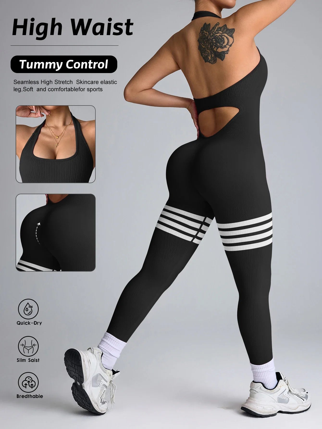 Women Line Backless Gym Yoga Jumpsuits Training Yoga Butt Lifting Workout Fitness Halter Rompers Bodysuita