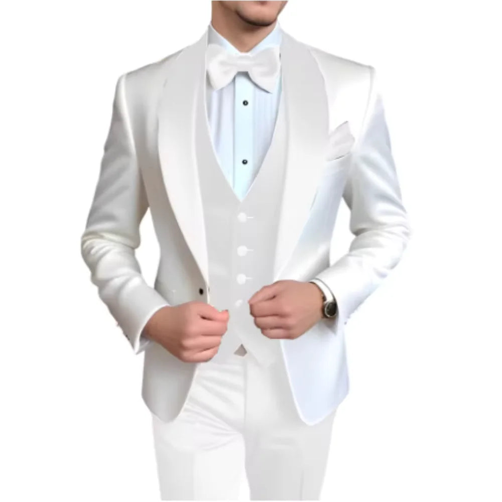 Solid Color Slim Fit Men's Tuxedo 3-Piece Set Fashion Business Wedding Suit with Shawl Lapel Blazer Vest Pants for Groom Party