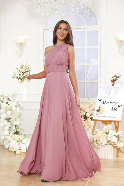 Vestidos de Daminha de Um Ombro para Mulheres Vestido de Noite Formal Longo de Chiffon Plissado Vestidos de Madrinha para Casamentos