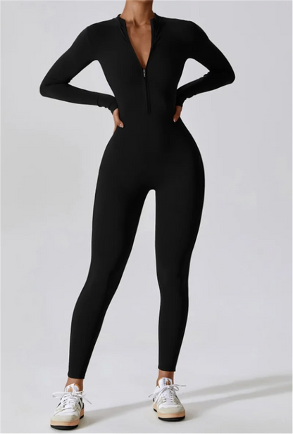 Half zip integrated long yoga jumpsuit solid color sexy long sleeved integrated sportswear for women