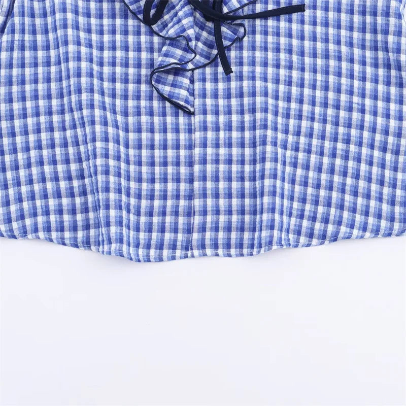 Elegant Fashion Chidori Plaid Ruffles Chiffon Shirt Spring 2025 Ruffled Neck Long Butterfly Sleeve Loose Tops Women's Clothing
