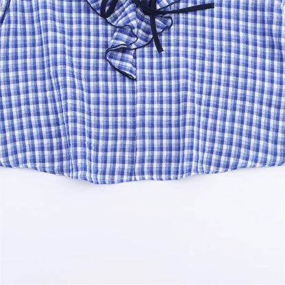 Elegant Fashion Chidori Plaid Ruffles Chiffon Shirt Spring 2025 Ruffled Neck Long Butterfly Sleeve Loose Tops Women's Clothing