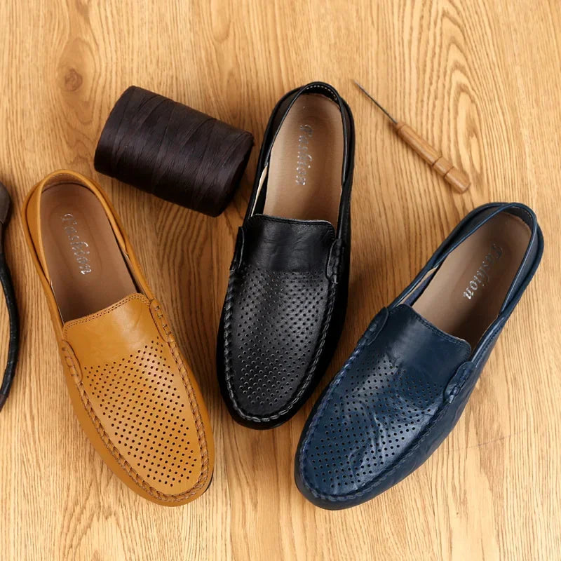 Italian Summer Hollow Shoes Men Casual Luxury Brand Genuine Leather Loafers Men Breathable Boat Shoes Slip On Moccasins
