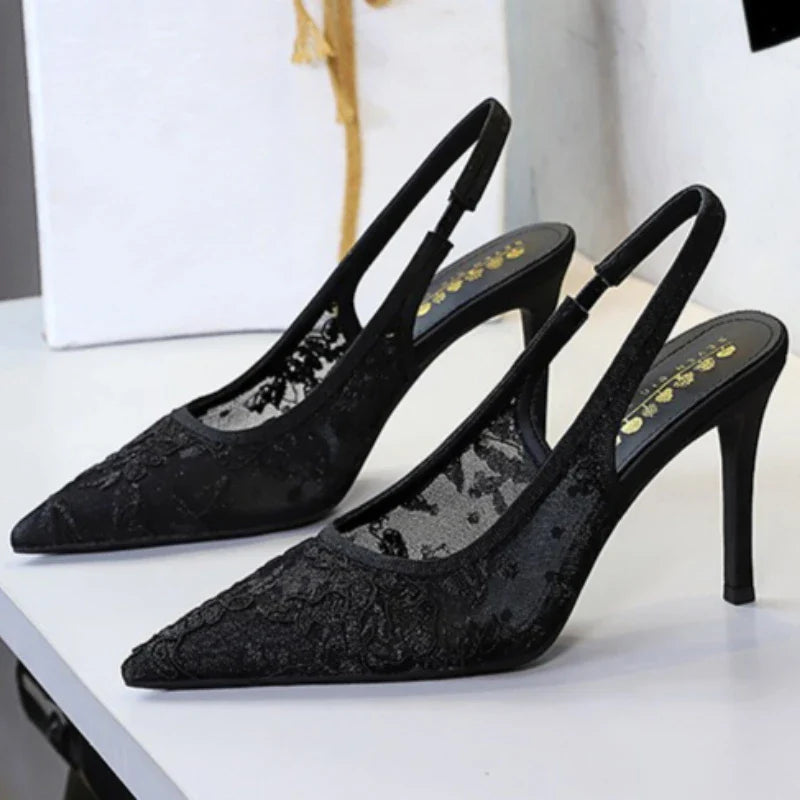 Elegant Embroidered Mesh High Heels for Women Sexy Pointed-toe Designer Pumps Luxury Party Dress Shoes Sandals