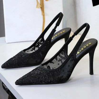 Elegant Embroidered Mesh High Heels for Women Sexy Pointed-toe Designer Pumps Luxury Party Dress Shoes Sandals