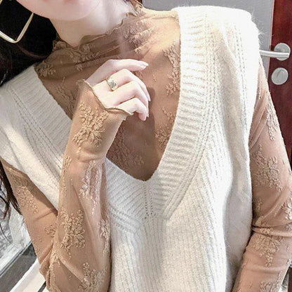 Elegant Sexy Women's Mesh T-Shirts Long Sleeve Lace See Through Blouse Versatile Bottoming Shirt Girls Sheer Tees Body Crop Top