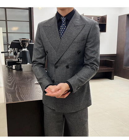 Men Vintage Luxury Double Breasted Slim Fit Lapel Evening Gown ltalian Style Fashion High-end Groom Wedding Party Tuxedo 2 Piece