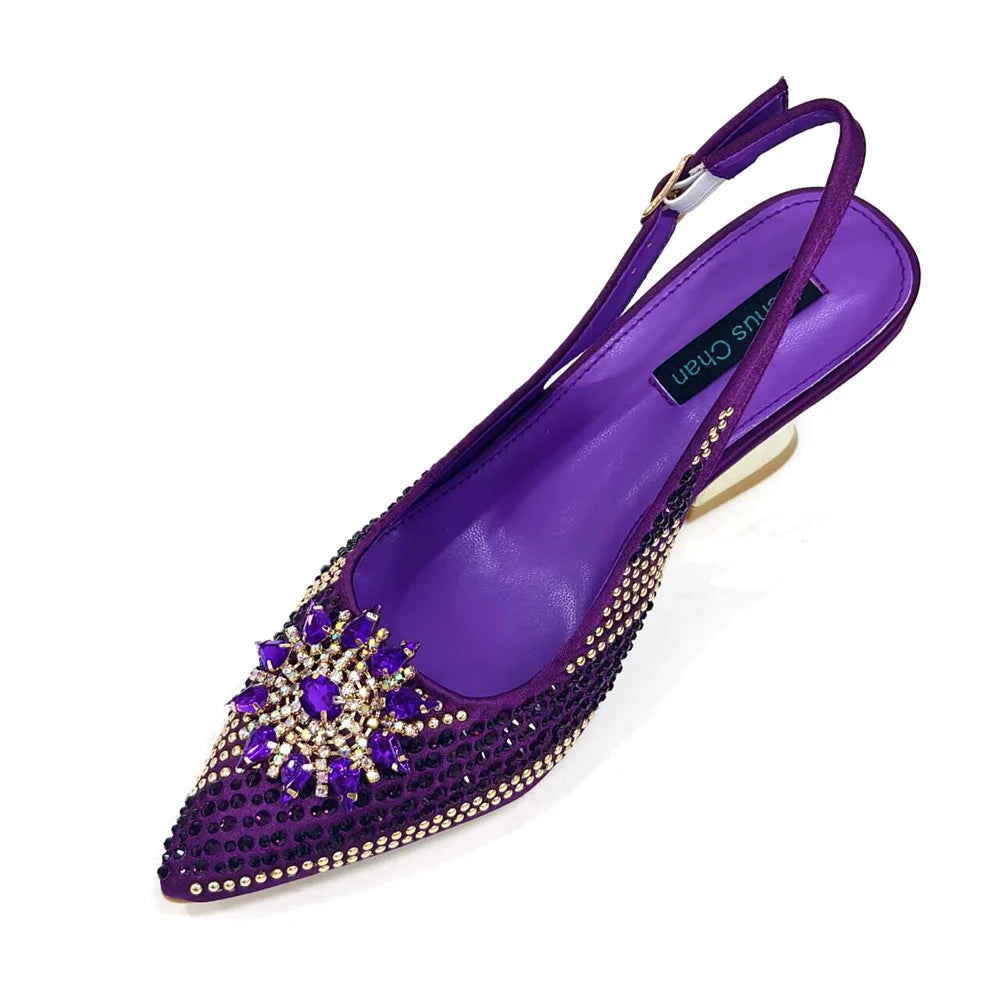 Summer New Design Specials Italian Women Shoes and Bag Set Fuchsia Color Comfortable High Heels With Rhinestone