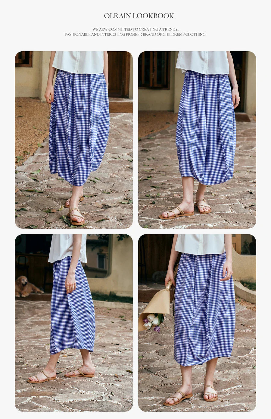 Women's Summer 2026 Midi Elastic Waistband Skirt Elegant Office Ladies Blue Plaid BUD Skirt Female Clothes O57XB99598