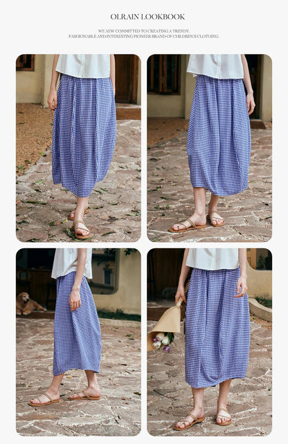 Women's Summer 2026 Midi Elastic Waistband Skirt Elegant Office Ladies Blue Plaid BUD Skirt Female Clothes O57XB99598