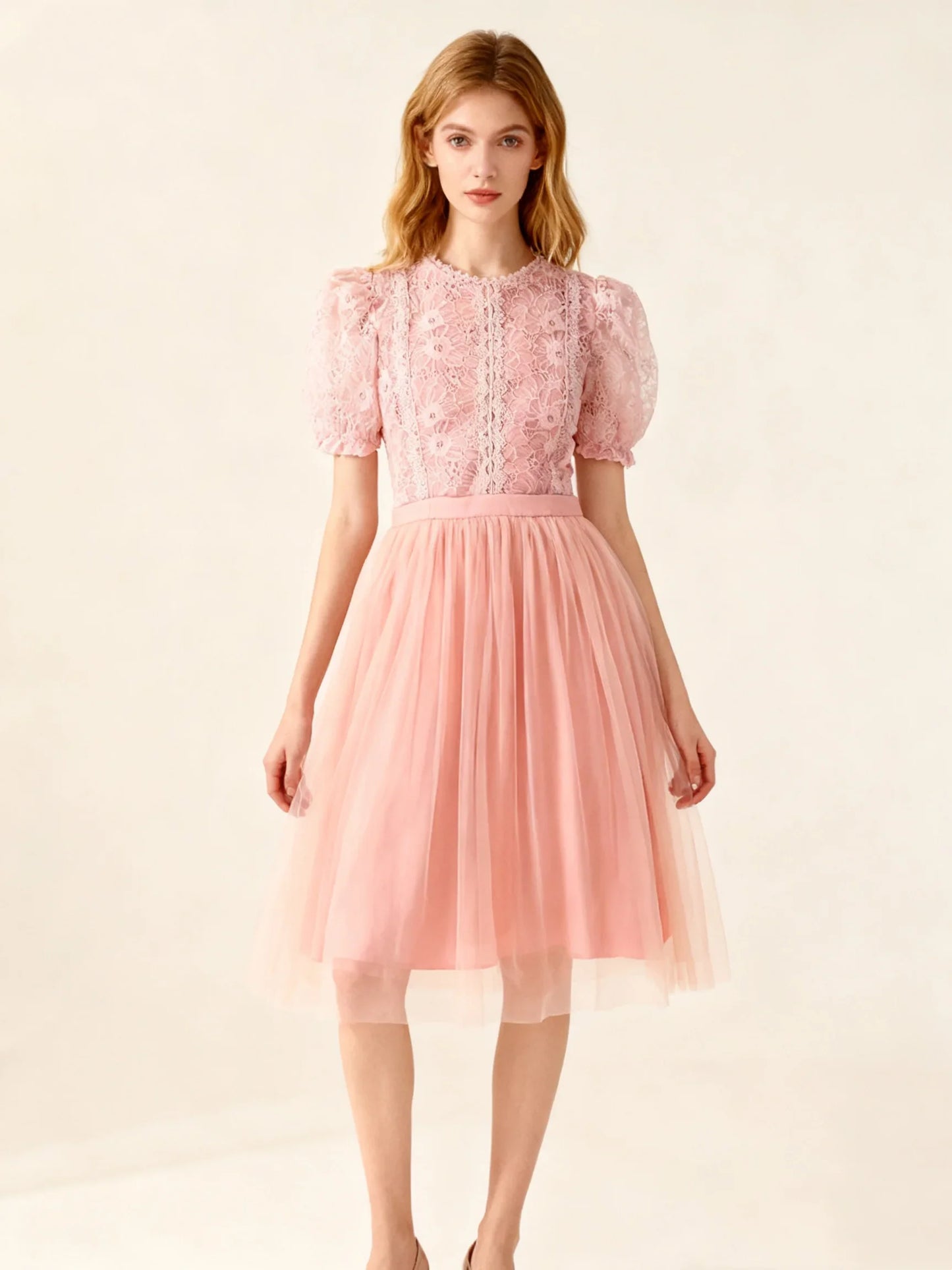 New Summer Girls' Princess Dress With Round Neck Print French Pink Short Sleeve Netting Patchwork Skirt