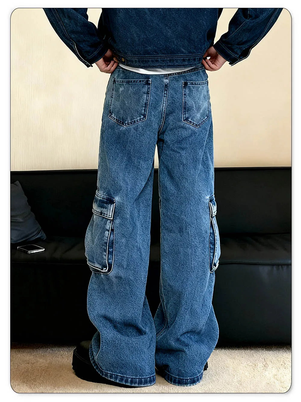 Men's Spring Blue Retro Washed Baggy Cargo Jeans Summer Male Multi Pocket Straight Tube Work Clothes Winter Denim Pants Clothes