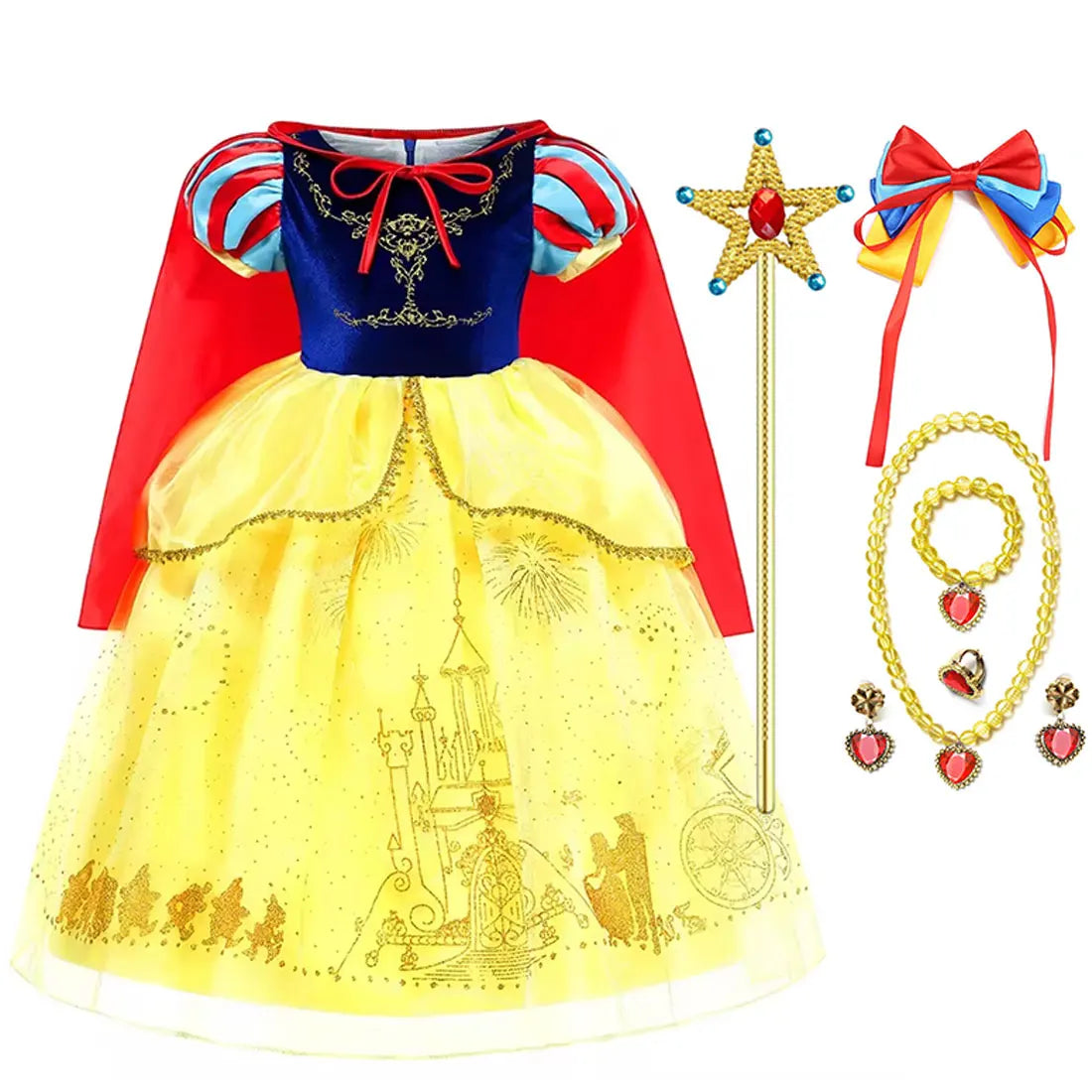 Vestido Laranja Disney Princesa Cosplay de Manga Curta Fofo com Renda para Meninas + Capa + Conjunto de Acessórios Presente de Aniversário