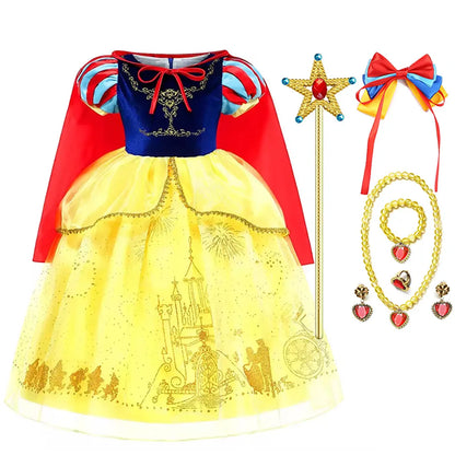 Vestido Laranja Disney Princesa Cosplay de Manga Curta Fofo com Renda para Meninas + Capa + Conjunto de Acessórios Presente de Aniversário