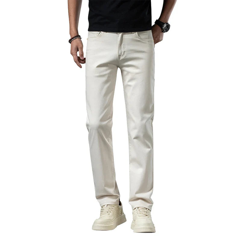 2024 New Men's Khaki White Cotton Stretch Slim Smart Jeans Casual Straight Business Fashion Beige Brand Denim Trousers