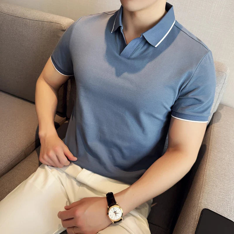 Business Casual Solid Color Men's Polo Shirt, 2024 Summer Classic, Men Short Sleeve V-neck T-shirt, Slim Fit Spliced Polo 4XL-M