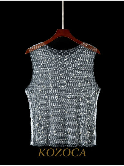 Pearl Tops Club Party Sexy See Through Hollow Tees Chic Beach Bikini Cover Up Female Fashion Unique White Tank Top Women