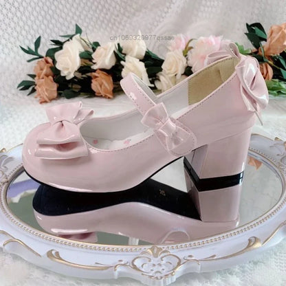 2024 Style Cute Round Head  Jane Pumps With Bow Women's Sweet Party Dress Midi Heels Shoes Fashion PU Sandals