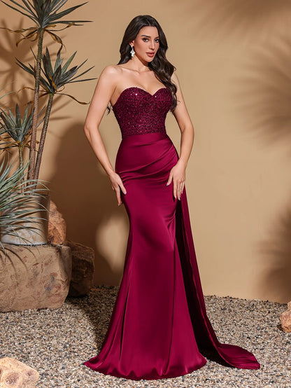 Satin waist pleated side flaps floor-length skirt, sequined spliced tube top dress