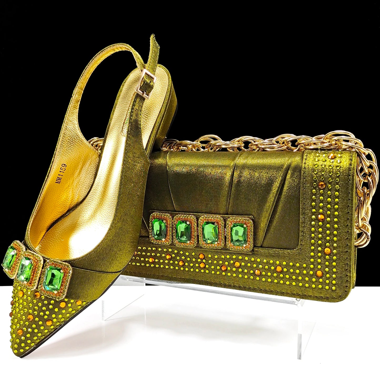 Italian Olive Pumps and Bag for Party 2024 INS Style Pointed-Toe Rhinestone Elegant Low Heels Wedge for Wome