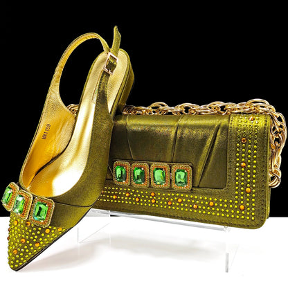 Italian Olive Pumps and Bag for Party 2024 INS Style Pointed-Toe Rhinestone Elegant Low Heels Wedge for Wome