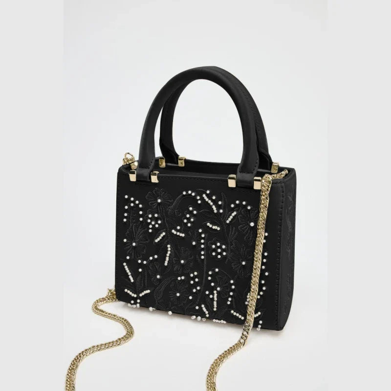 Bolsa Tote Mini Duffel Pérola, Bolsa Transversal Feminina com Correntes, Bolsa Pequena Elegante Designer de Luxo Feminina