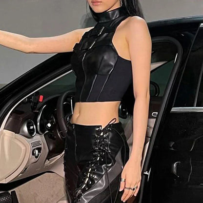 Punk Style Leather PU Patchwork Crop Tops Women Grunge Biker Sleeveless Corset Tank Top Streetwear Dark Academia Vest