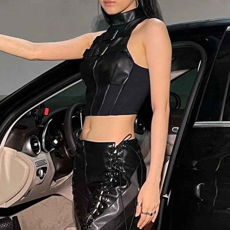 Punk Style Leather PU Patchwork Crop Tops Women Grunge Biker Sleeveless Corset Tank Top Streetwear Dark Academia Vest