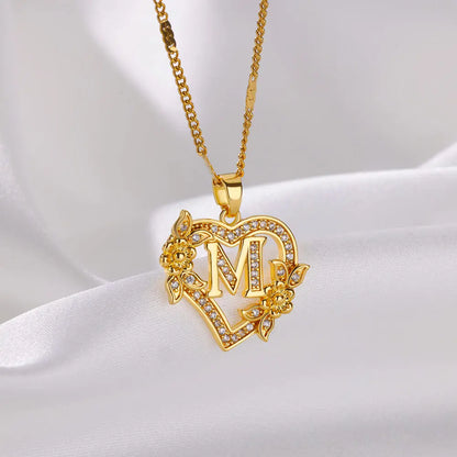 Flower Zircon Initial Heart Pendant Necklaces For Women 2024 Trend Stainless Steel Letter Necklaces Jewelry Best Friend Gifts