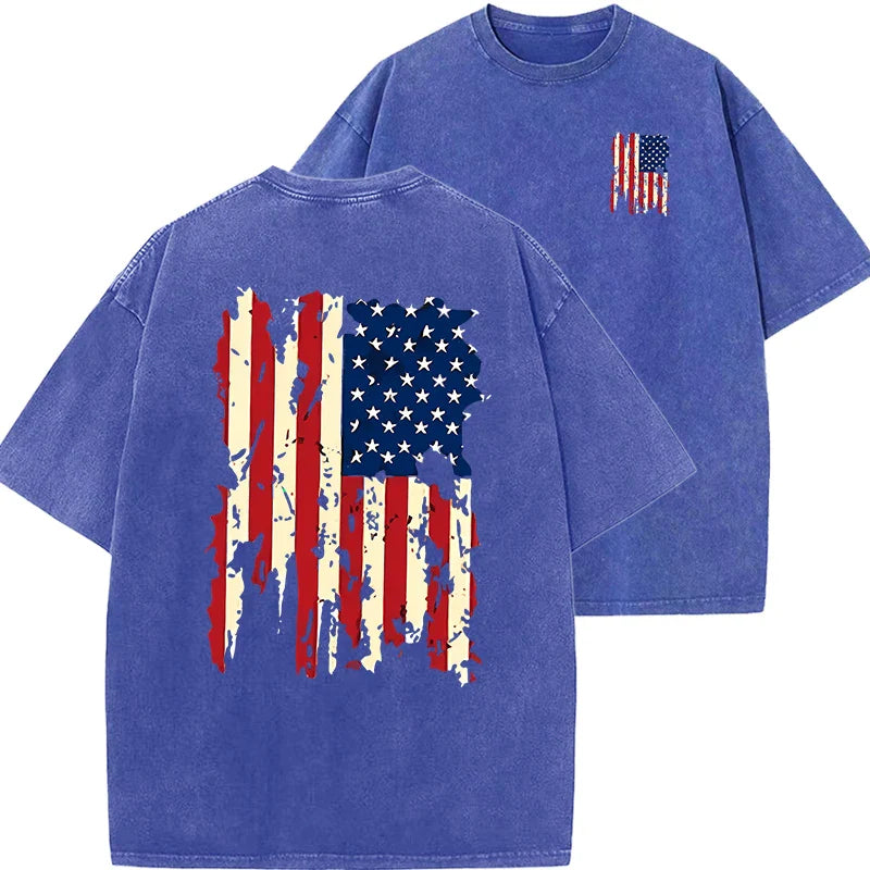 Set American Flag Graphic Prints Men Tshirt Summer Vintage Washed Cotton Tees Loose Short Tee Clothing Medium Strecth Tops
