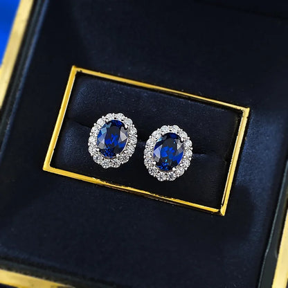 Classic Oval 6*8mm Red/Blue Zircon Stud Earrings For Women 100% 925 Sterling Silver Sparkling Wedding Fine Jewelry