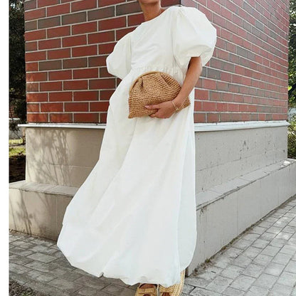 2026 Women Summer Puff Sleeve Bohemain White Long Dress High Waist Loose Style Cotton Boho Maxi Dress Vestidos Clothes