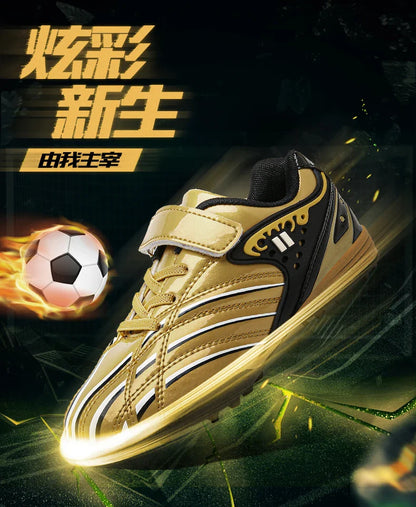 Fashion Gold Children's Football Shoes Outdoor Non-slip Turf Soccer Shoes Kids HOOK&LOOP Low-cut Sports Sneakers Child Trainers