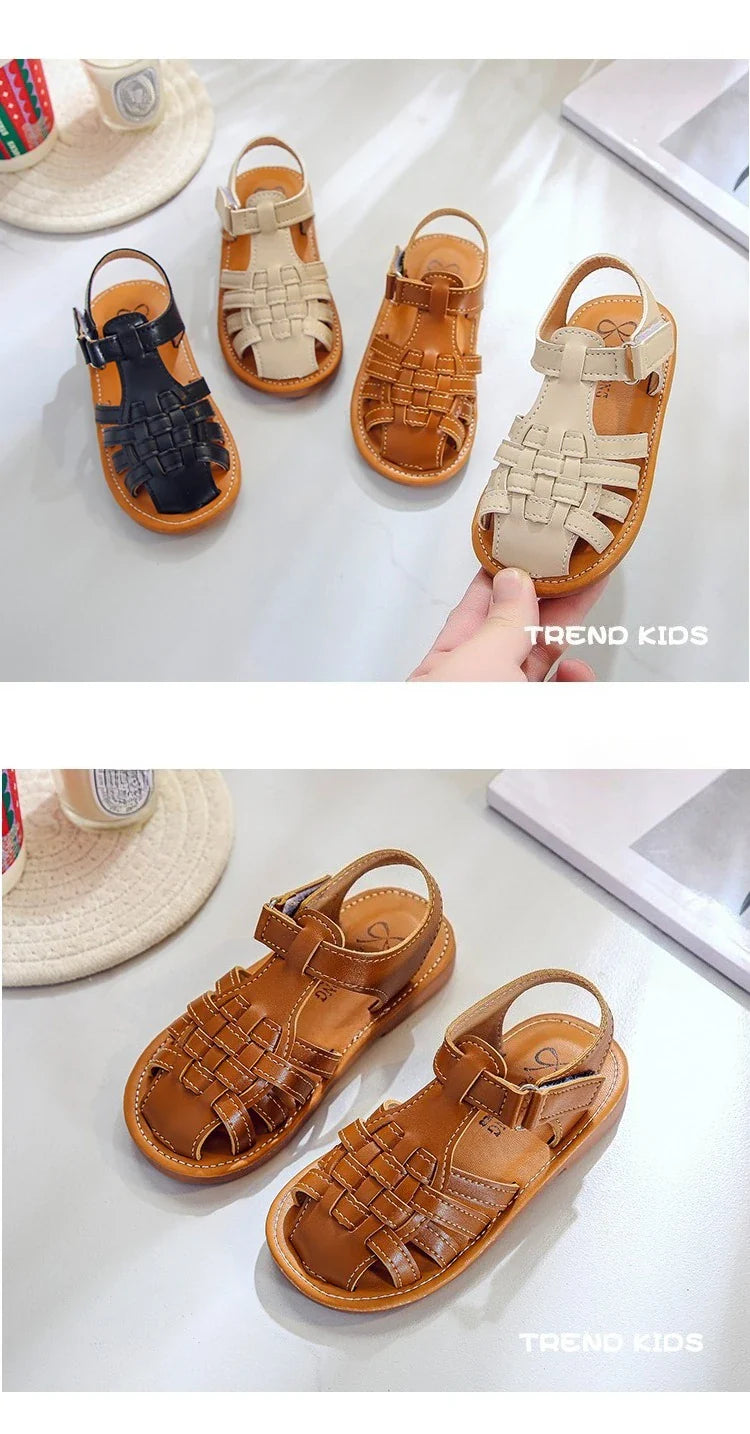 Toddler Sandals for Boys Cut outs Leather Shoes 2026 Summer Brand New Gladiator Sandals Weave Baby Boy Beach Shoes Flats H05096