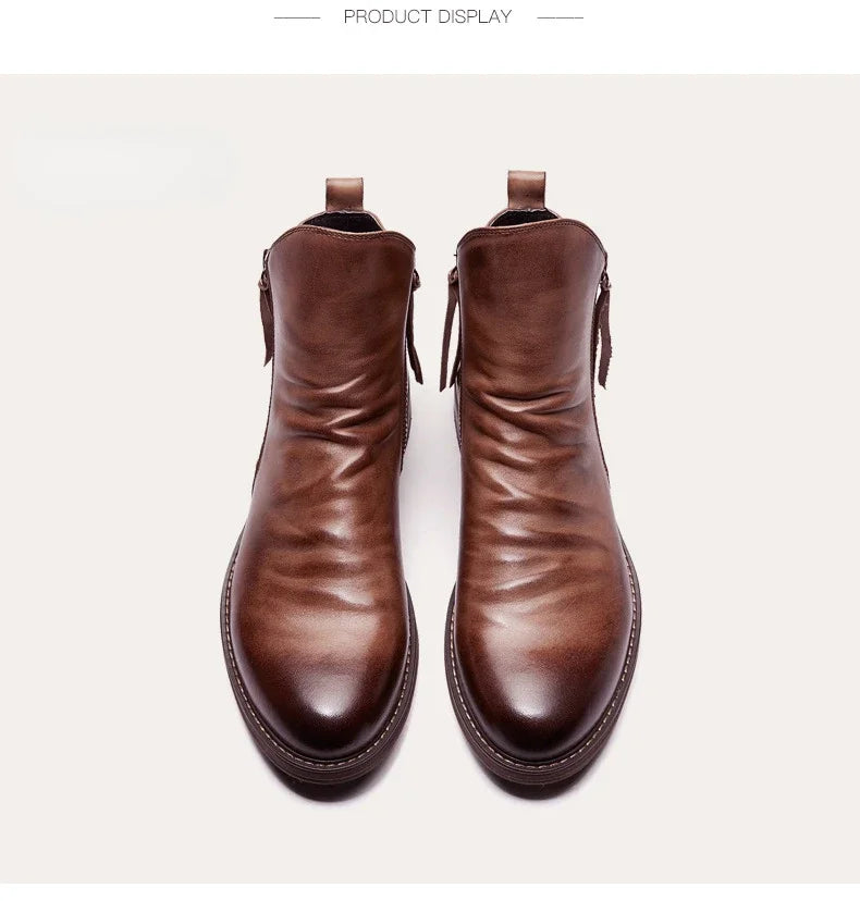 Men's Pu Boots Fashion Chelsea Men's Comfortable High Top Zipper Boots Non-slip Flat  Men's Boots Cowboy