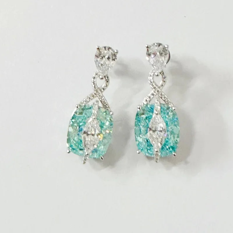 925 Sterling Silver Gold Plated Synthetic Gemstone Light Blue Paraiba Shiny Earrings for Ladies