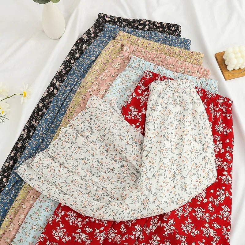 Women's Summer Skirts Vintage Floral Printed Chiffon Skirts High-waisted Elastic Waist Relaxed Mid-length Skirts Beach Skirts