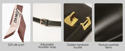 Genuine Leather Handbag with Scarf | Luxury Designer Trendy Shoulder Bag Solid Color Commuting Bag | bags for women gift