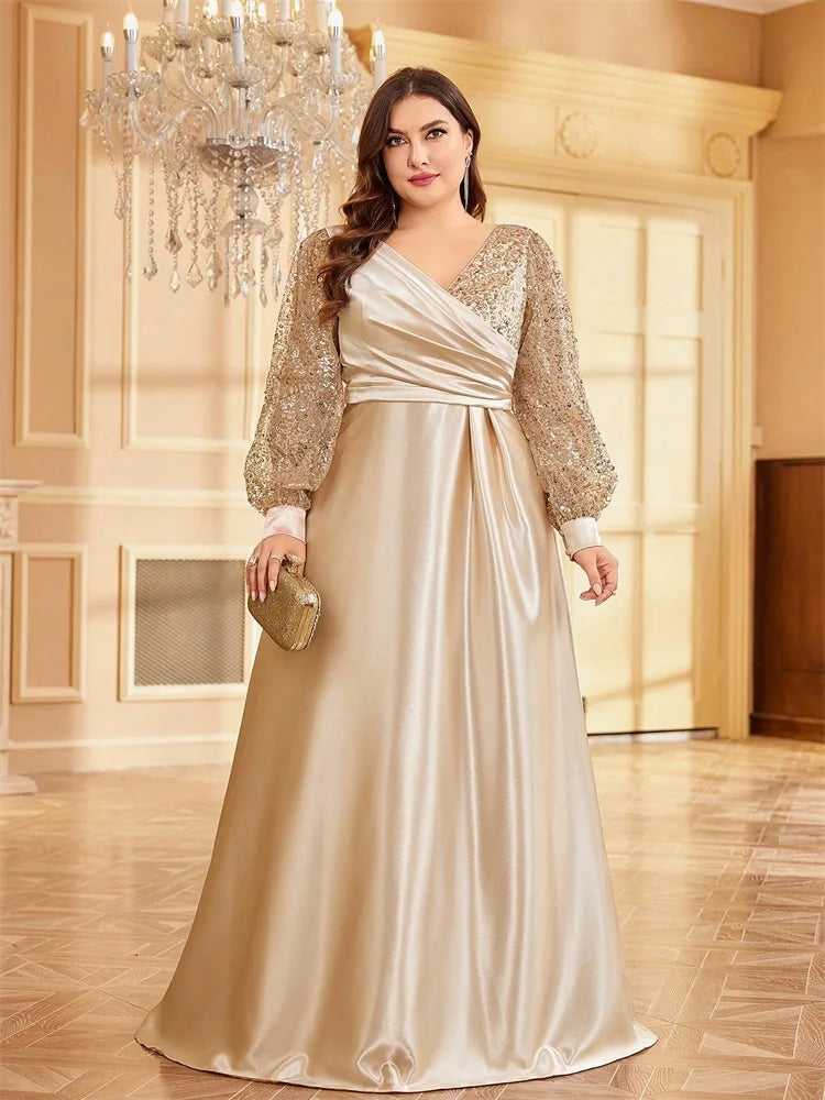 Plus Size Luxury Green V-Neck Sequins Evening Dress Elegant Women Party Maxi Dress Long Sleeve Cocktail Gowns Prom
