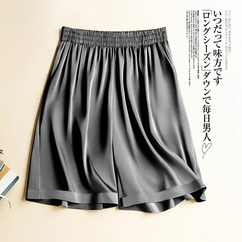 High Waist Ice Silk Acetate Shorts Pants Women's Summer Thin Satin Cropped Pants Casual Loose Plus Size Pajamas Women Shorts