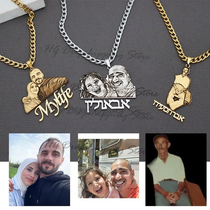 Custom Picture Nameplate Pendant Custom Photo Necklace Engraved Portrait Necklace Christmas Gift for Kids Jewelry Family Gifts