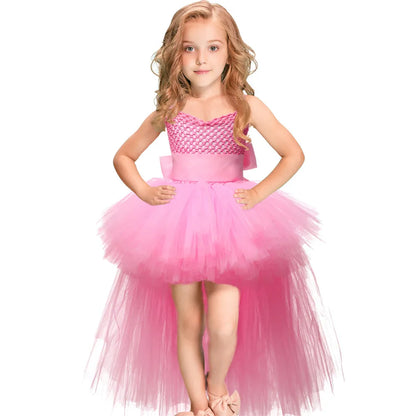 Vestido Tutu Rosa e Preto para Meninas, Vestido de Tule com Cauda e Decote V para Festa de Aniversário, Vestido de Baile para Meninas, Fantasias de Halloween Infantis